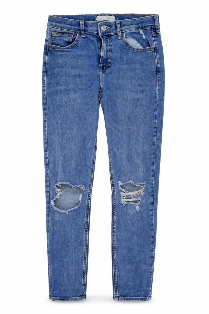 Front view of Topshop women’s blue skinny jeans, size UK 26, in, 25-inch leg