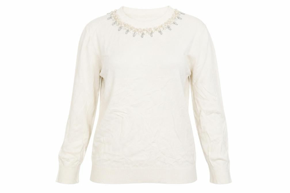Front view of Warehouse women’s white jumper, size UK 10