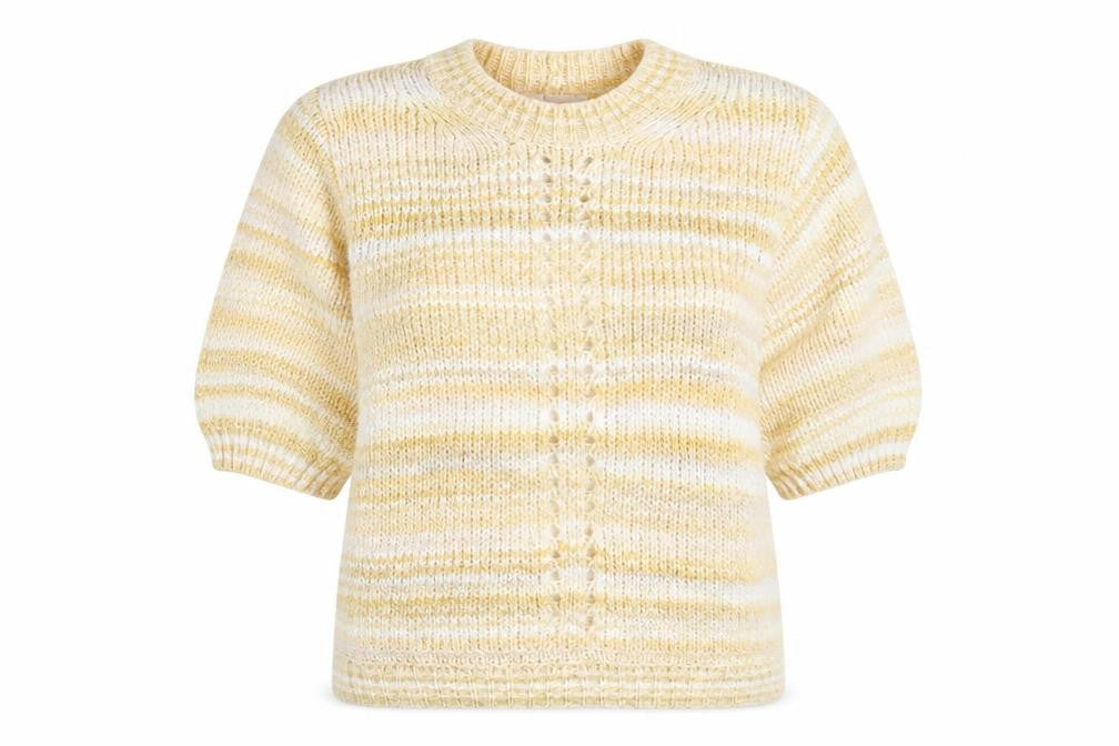 Front view of Next women’s yellow striped jumper, size UK 14
