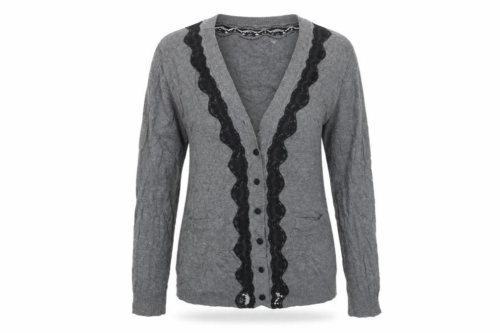 Front view of Lux women’s grey cardigan jumper, size L