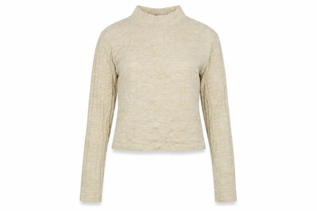 Front view of Miss Selfridge women’s beige jumper, size UK 8