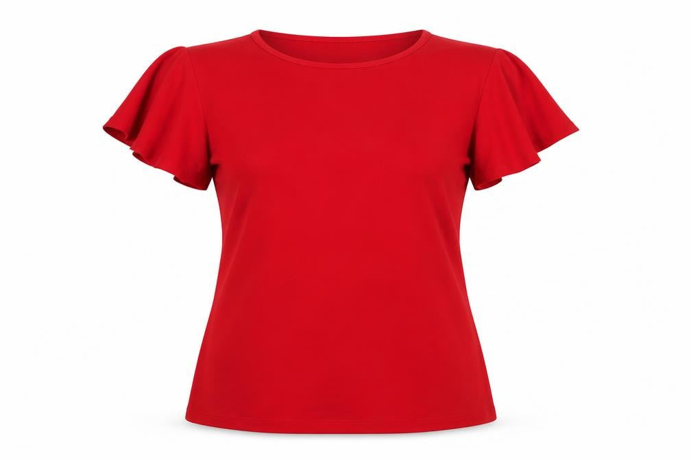 Front view of Susan Graver women’s red basic t-shirt, size S