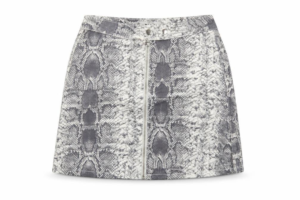 Front view of New Look women’s grey animal print mini skirt, size UK 10