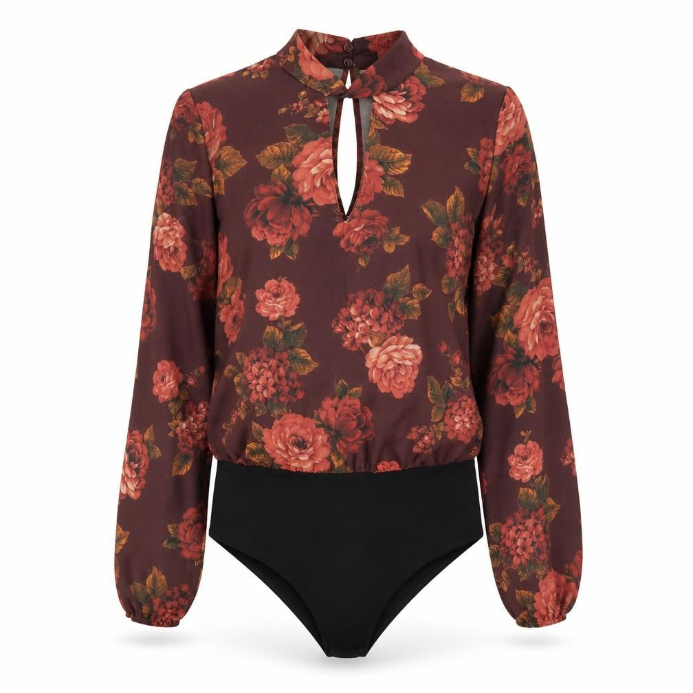 Front view of New Look women’s brown floral bodysuit one-piece, size UK 10