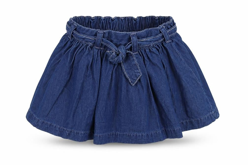 Front view of Next girls’ blue denim pleated skirt, size 3-6, months