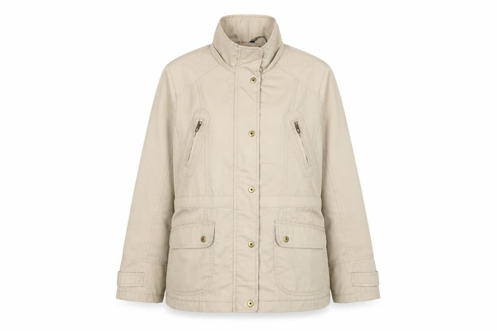 Front view of Bonmarché women’s beige jacket, size UK 12