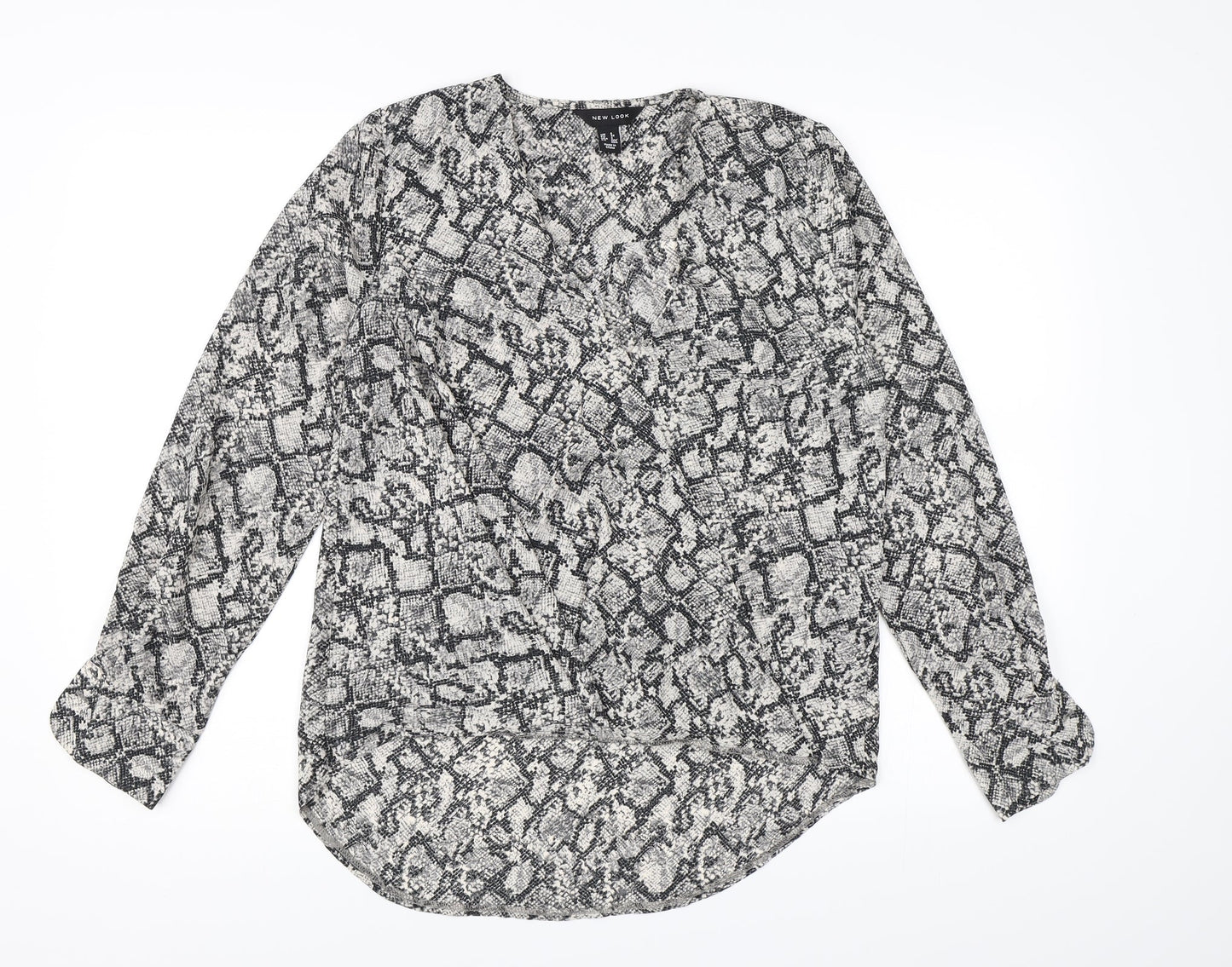 New Look Womens Grey Animal Print Chiffon Wrap Blouse Size 6