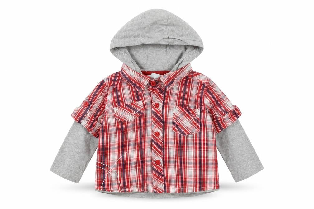Front view of Cherokee boys’ red check basic button-up, size 6-9, months