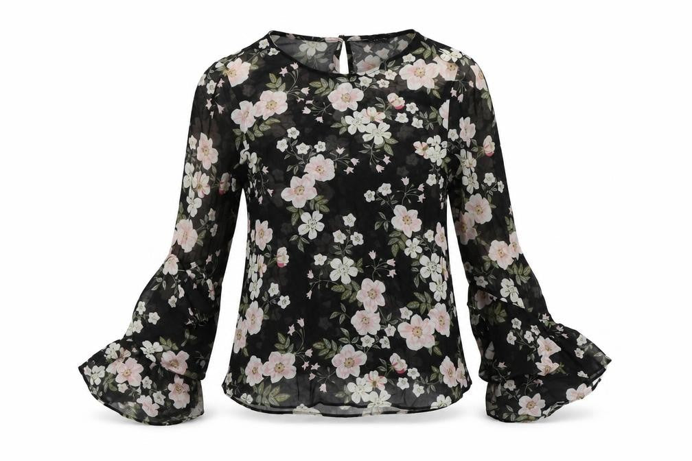 Front view of New Look women’s black floral chiffon basic blouse, size UK 6
