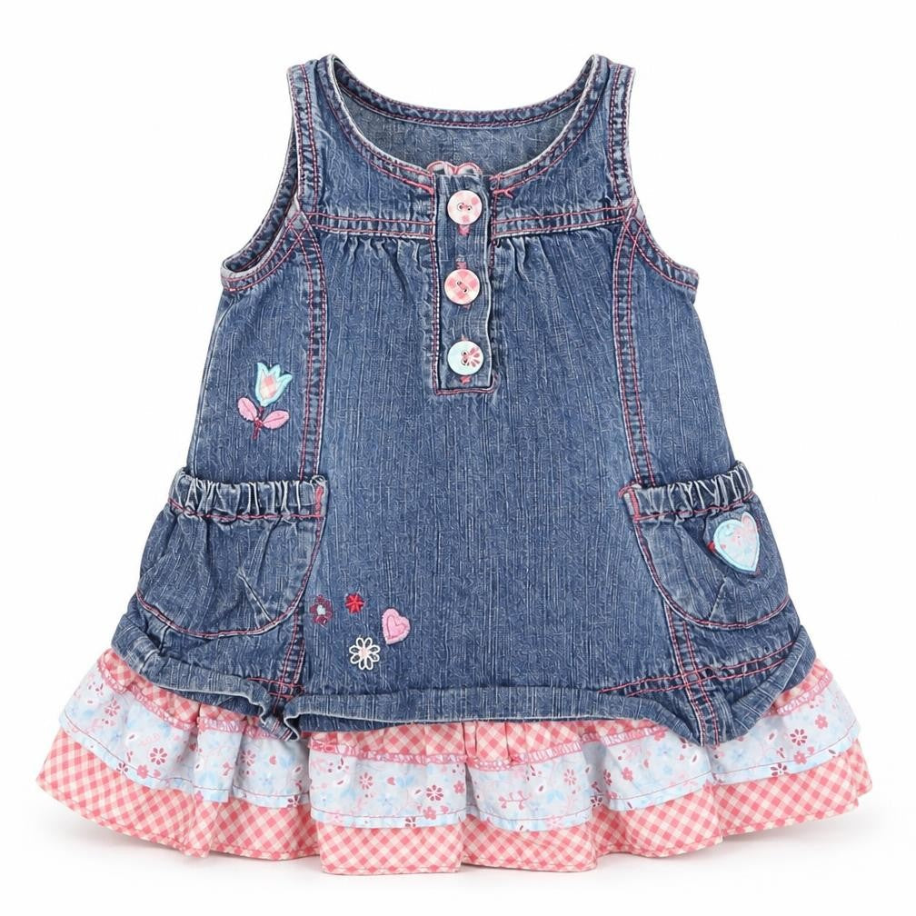 Front view of Pumpkin Patch girls’ blue plaid a-line, size 3-6, months - flowers