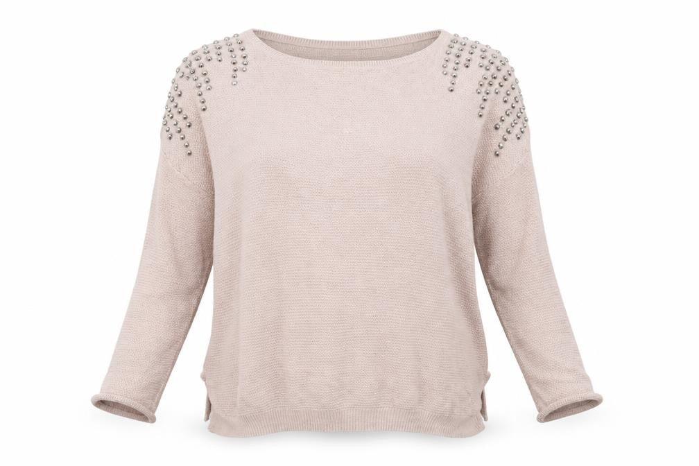 Front view of Warehouse women’s pink jumper, size M, - studs on sholder