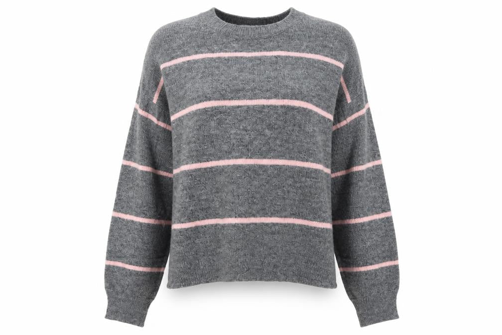 Front view of H&M women’s grey striped jumper, size XS