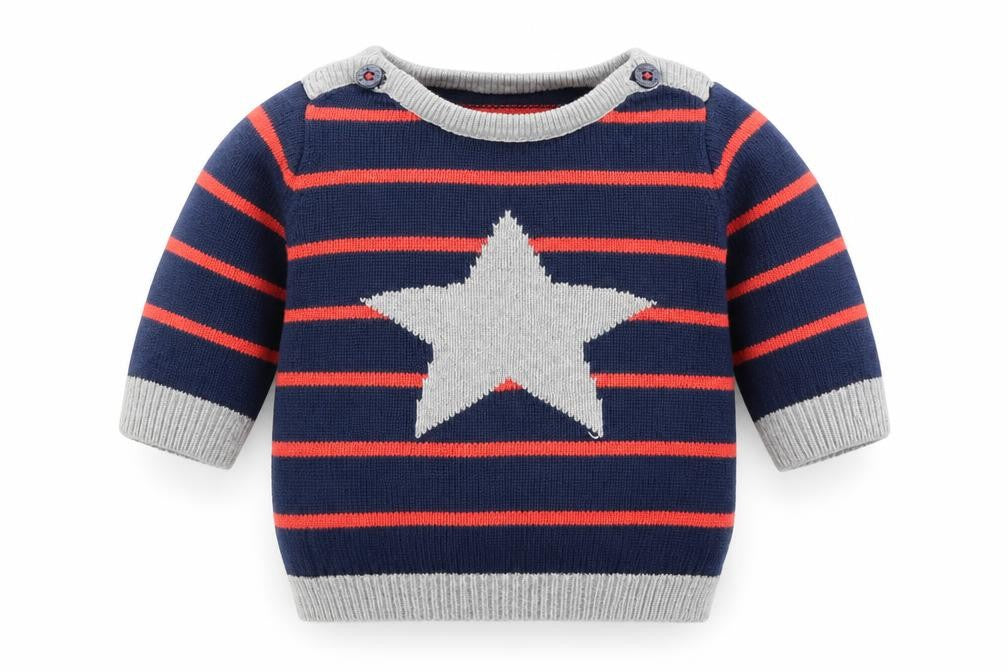 Front view of Marks & Spencer Blue Striped Knit Henley Jumper, size 3-6, Months - Star