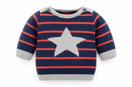 Front view of Marks & Spencer Blue Striped Knit Henley Jumper, size 3-6, Months - Star