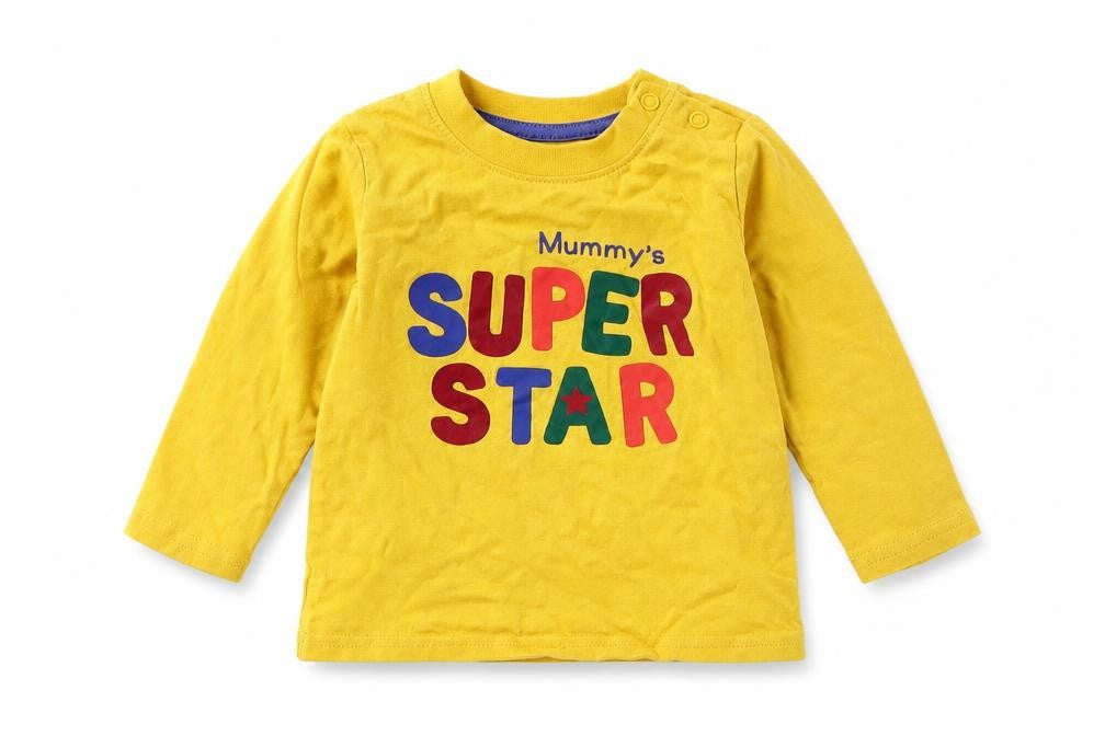 Front view of Primark Baby Yellow Basic T-Shirt, size 6-9, Months - mummy's superstar