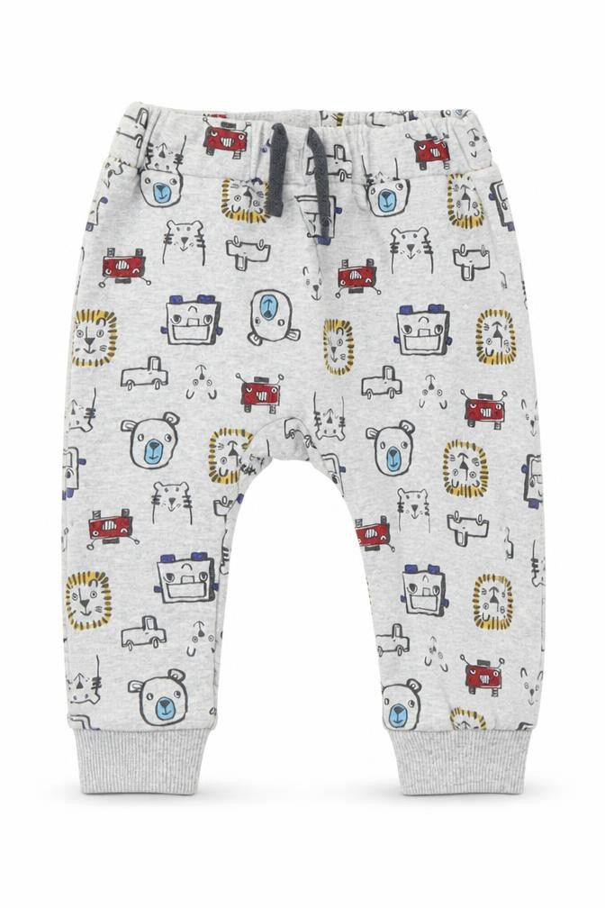 Front view of Nutmeg boys’ grey jogger trousers, size 6-9, months - animals