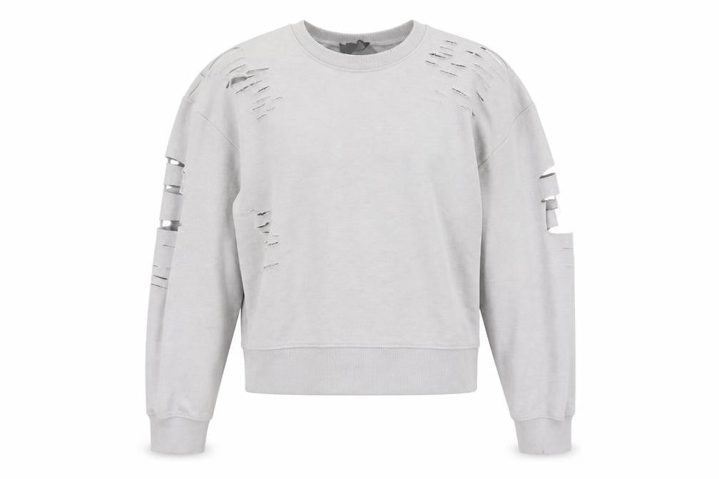 Front view of New Look women’s grey pullover sweatshirt, size UK 12, - distressed