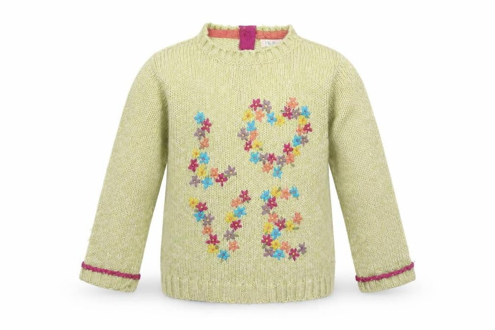 Front view of Indigo girls’ green jumper, size 3-4, years
