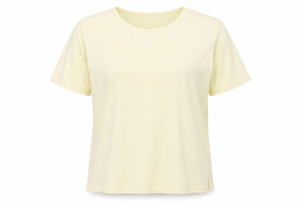 Front view of FL COLLECTION women’s yellow basic t-shirt, size XL