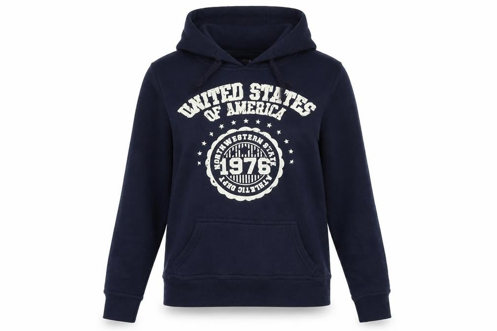 Front view of relax denim women’s blue pullover hoodie, size UK 8, - usa