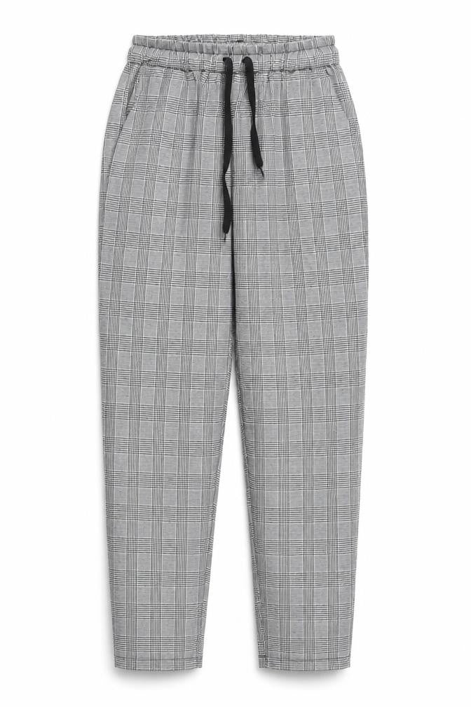 Front view of Preworn women’s black check trousers, size L, 26-inch leg