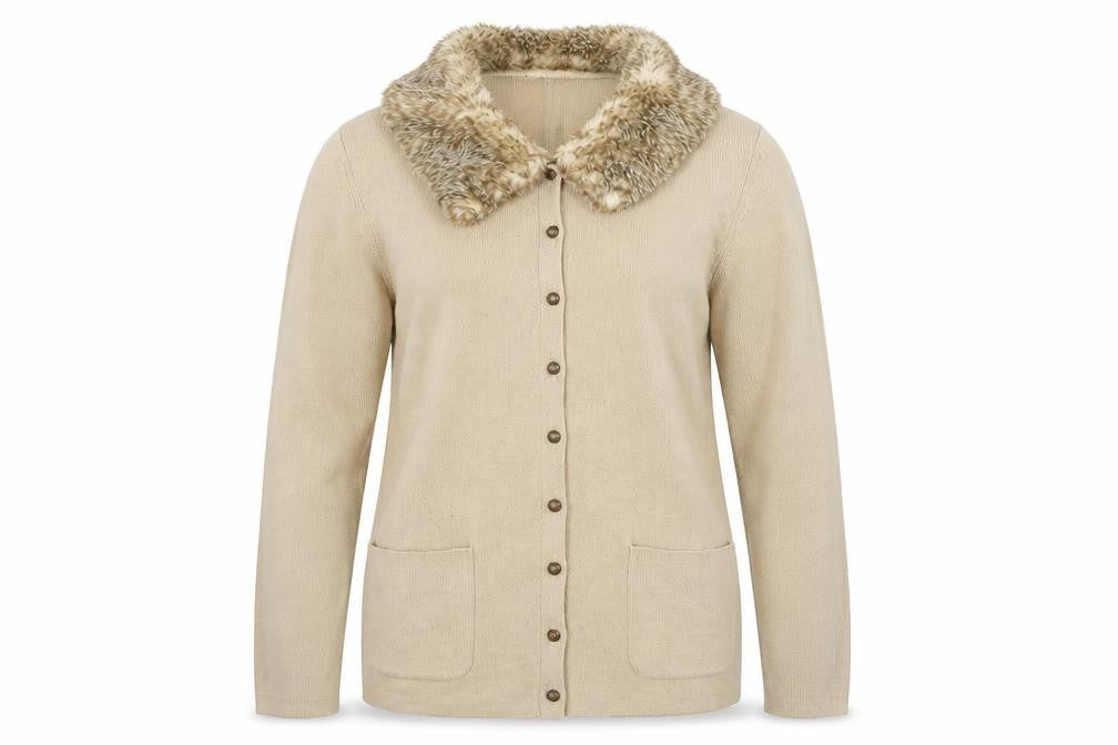Front view of Country Casuals women’s beige cardigan jumper, size L