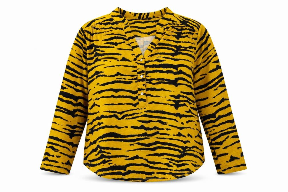 Front view of M&Co women’s orange animal print basic blouse, size UK 12