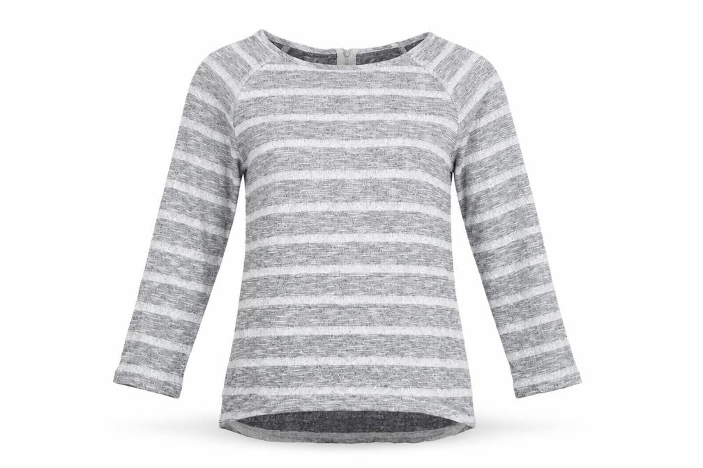 Front view of Oasis women’s grey striped basic t-shirt, size S