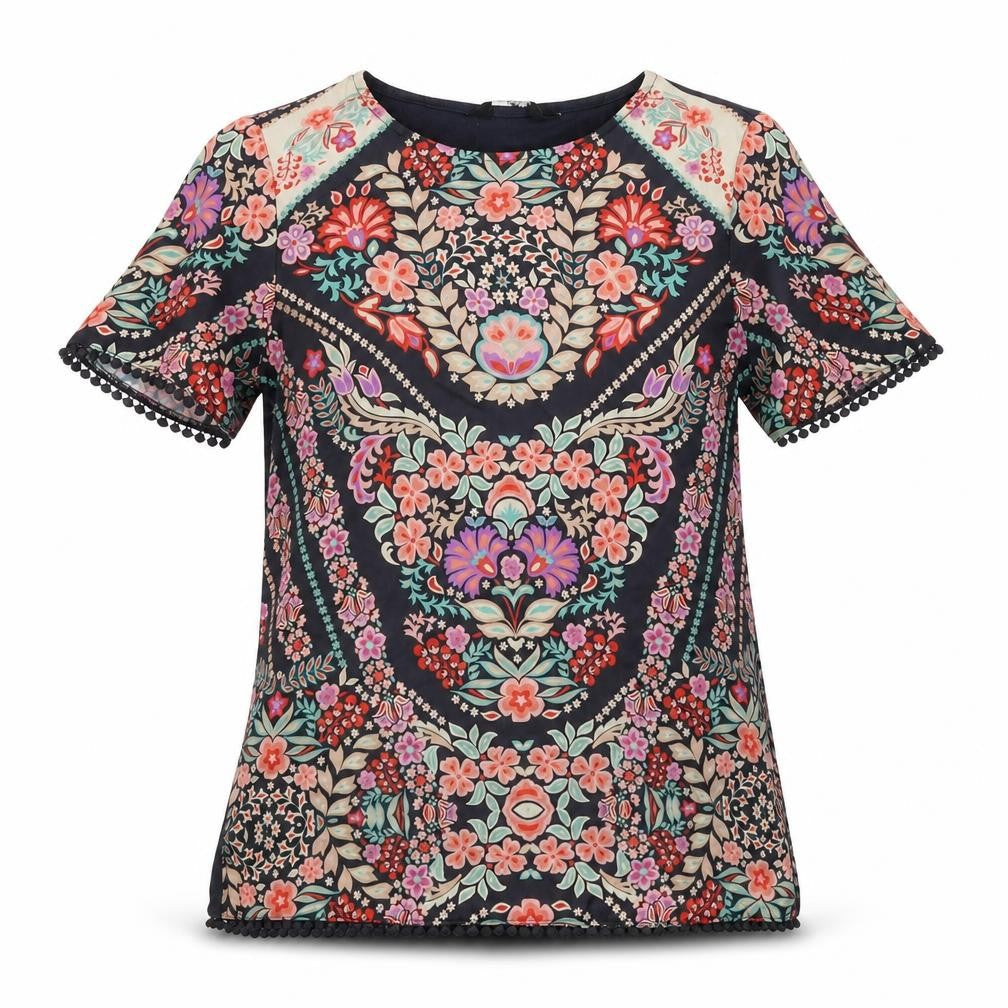 Front view of Preworn women’s black floral basic t-shirt, size UK 6
