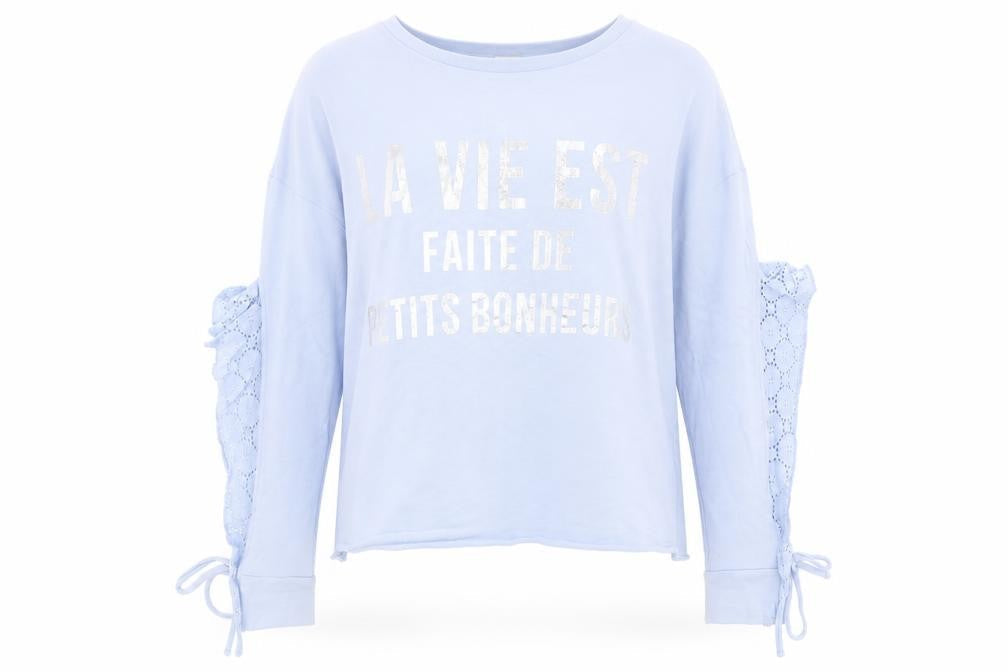 Front view of River Island women’s blue jersey pullover sweatshirt, size S, - la vie est