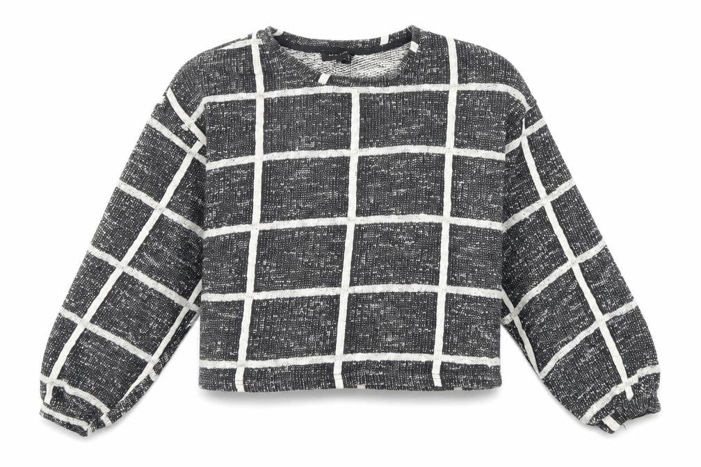 Front view of New Look women’s black check pullover sweatshirt, size M, - cropped