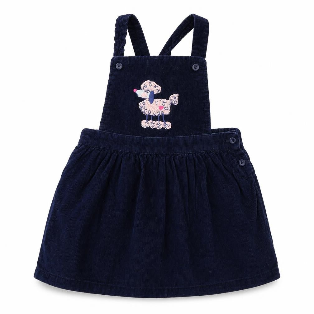 Front view of George girls’ blue corduroy pinafore/dungaree dress, size 12-18, months - poodle
