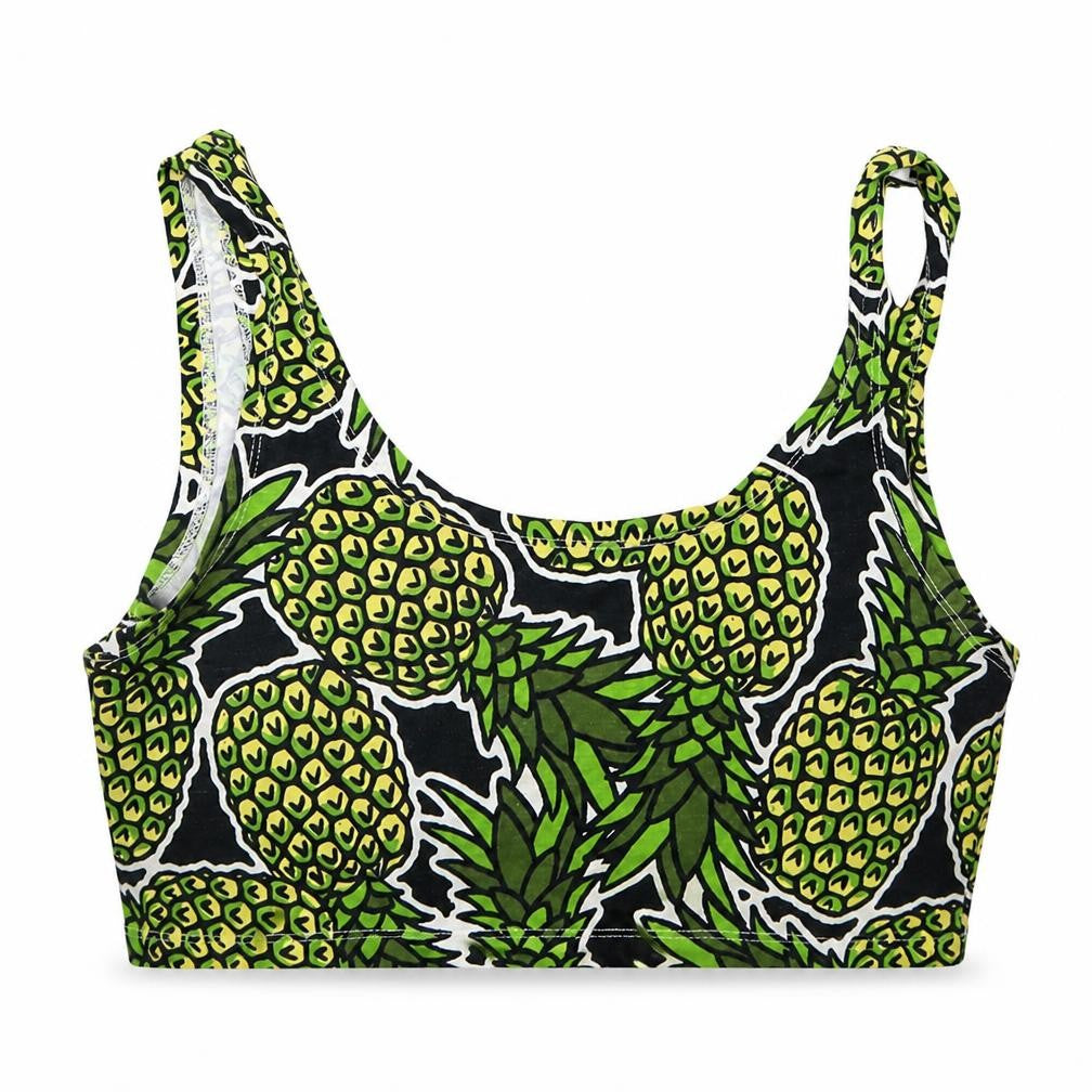 Front view of Divided by H&M women’s green geometric cropped t-shirt, size UK 6, - pineapples