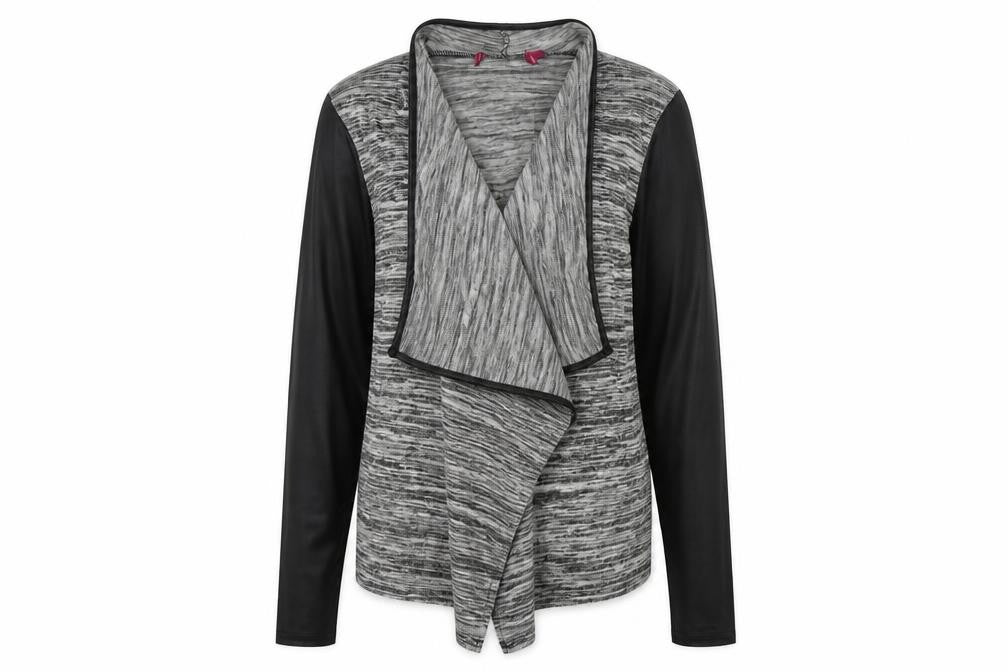 Front view of Boohoo women’s grey cardigan jumper, size UK 10, - open front