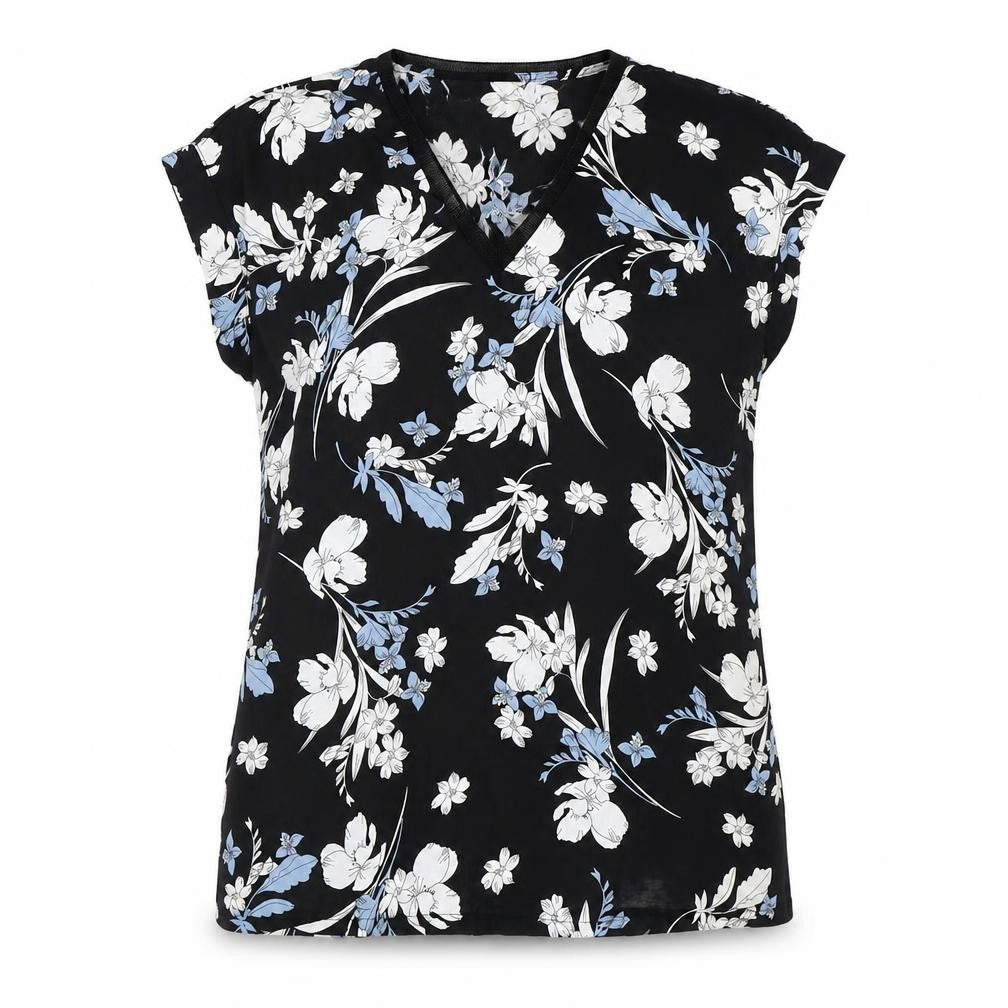 Front view of Worthington women’s black floral chiffon basic blouse, size S