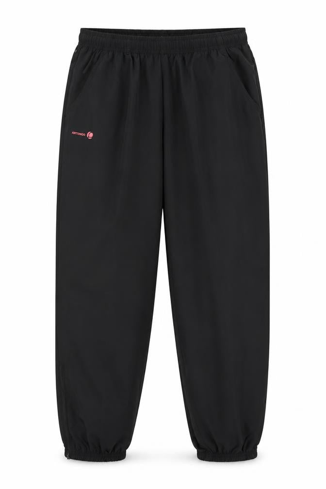 Front view of Preworn men’s black windbreaker trousers, size 28, in, 30-inch leg - elastic waist