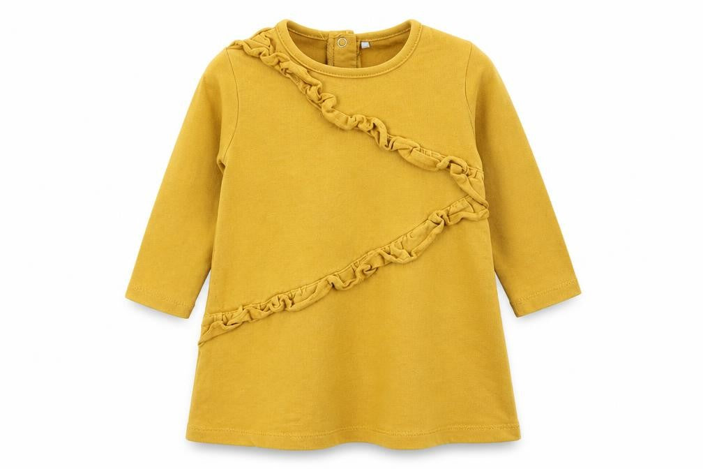 Front view of Tu girls’ yellow shirt dress, size 12-18, months