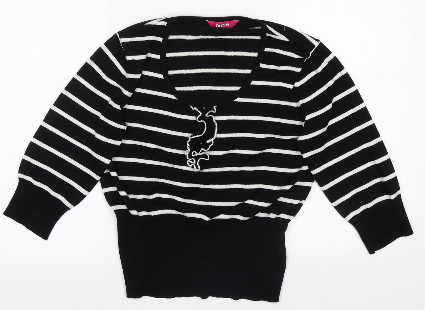 Petite Womens Black Striped  Basic T-Shirt Size 14