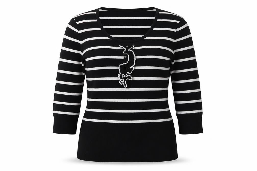 Front view of Petite women’s black striped basic t-shirt, size UK 14