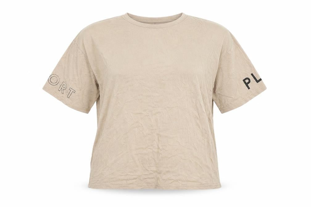 Front view of PRETTYLITTLETHING women’s brown basic t-shirt, size UK 12