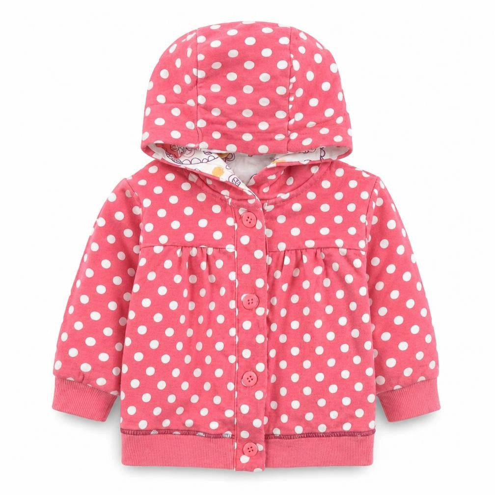 Front view of Marks & Spencer girls’ pink polka dot jacket, size 3-6, months