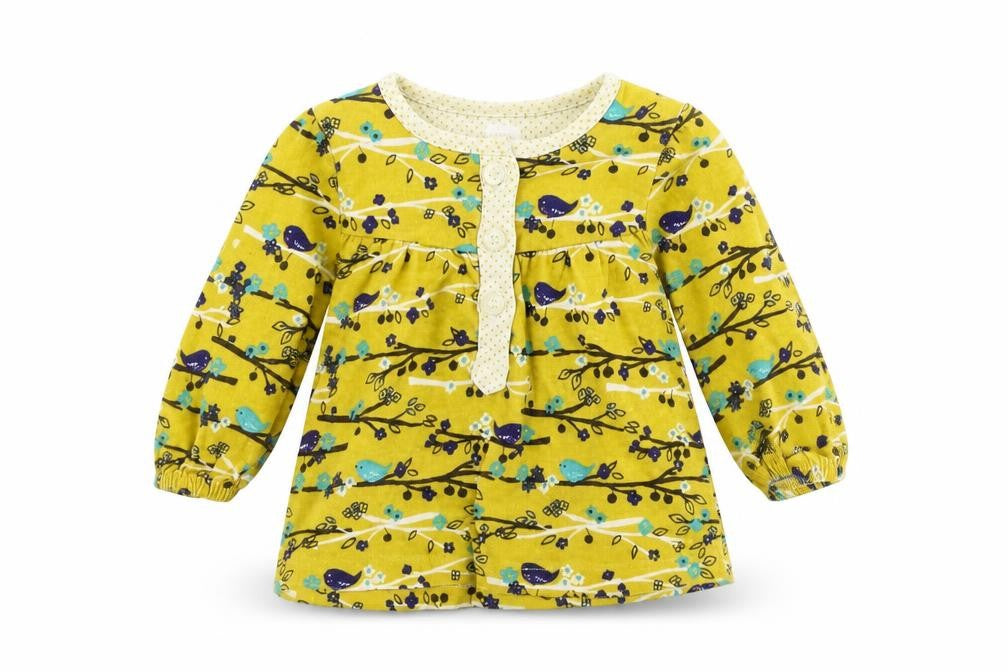 Front view of Boots Mini Club girls’ yellow floral basic t-shirt, size 0-3, months