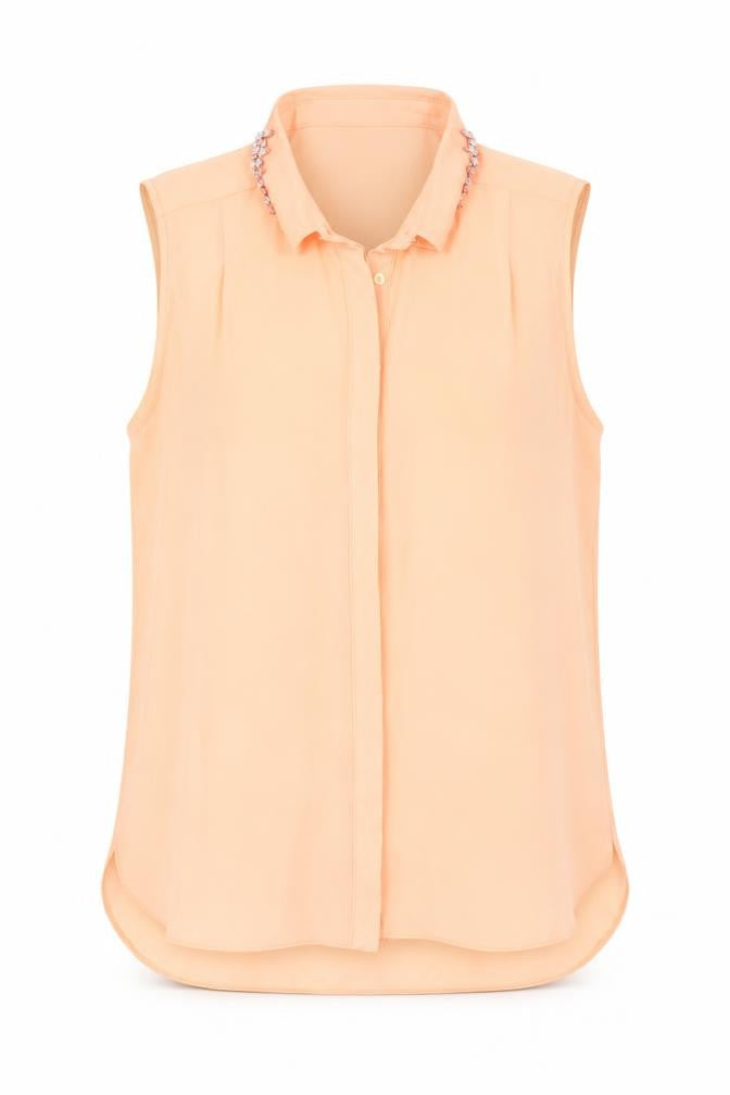 Front view of River Island women’s orange basic button-up, size UK 12, - rhinestoed collar