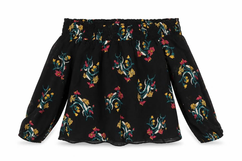 Front view of River Island women’s black floral basic blouse, size UK 6