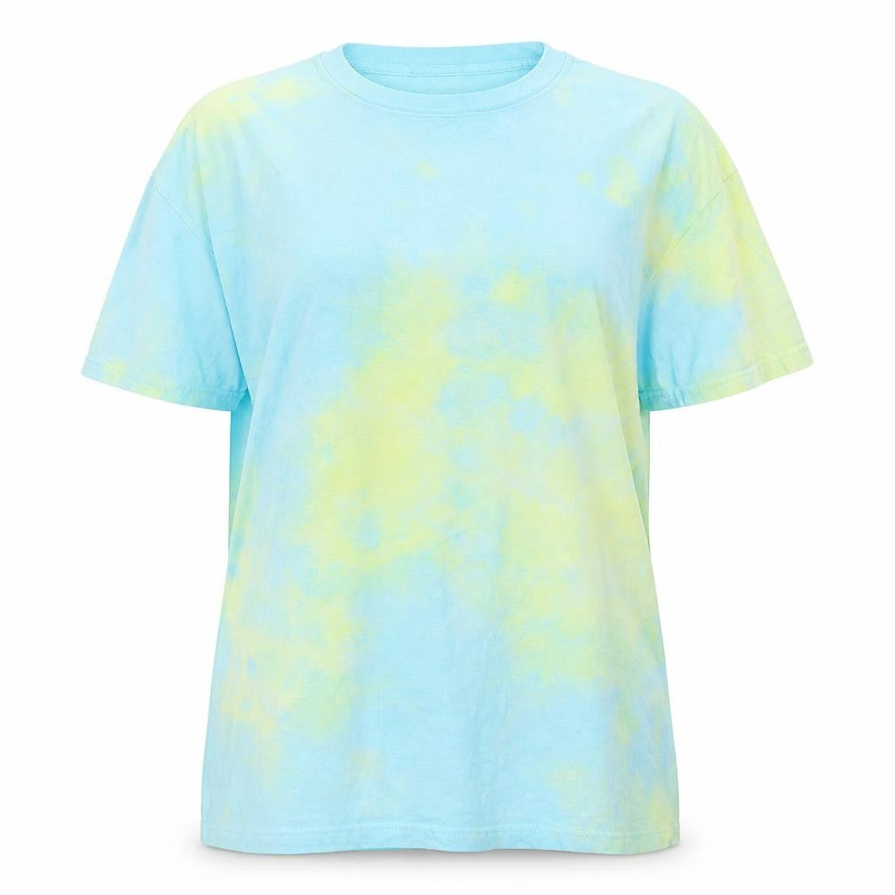 Front view of PRETTYLITTLETHING women’s blue basic t-shirt, size S, - tie dye