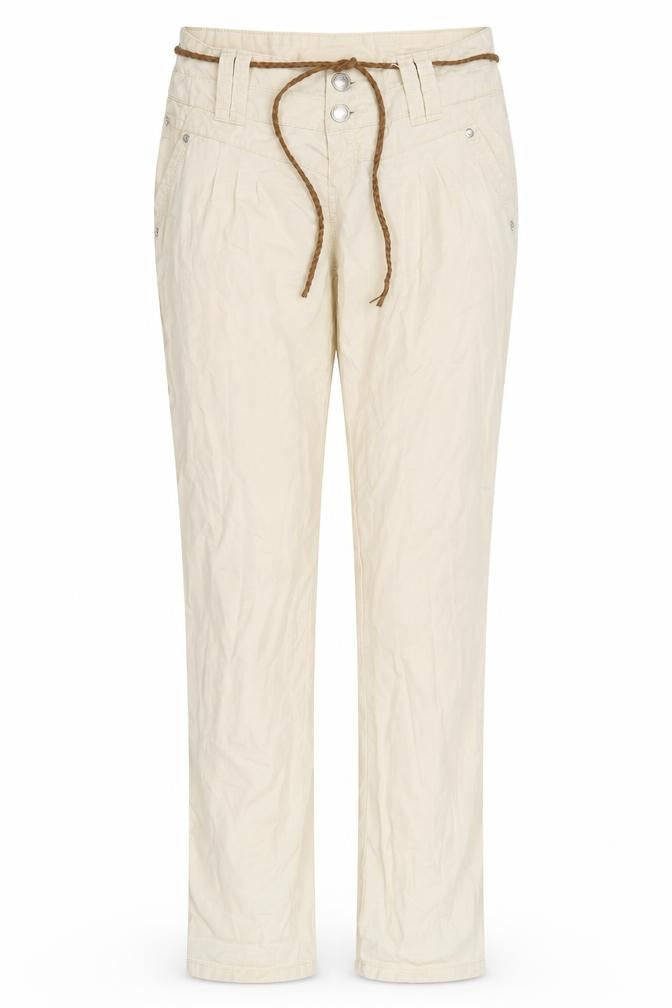 Front view of TALLY WEiJL women’s beige carrot trousers, size UK 6, 27.5-inch leg - belt included