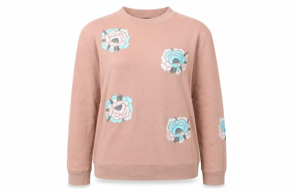 Front view of Daisy Street women’s pink floral pullover sweatshirt, size M