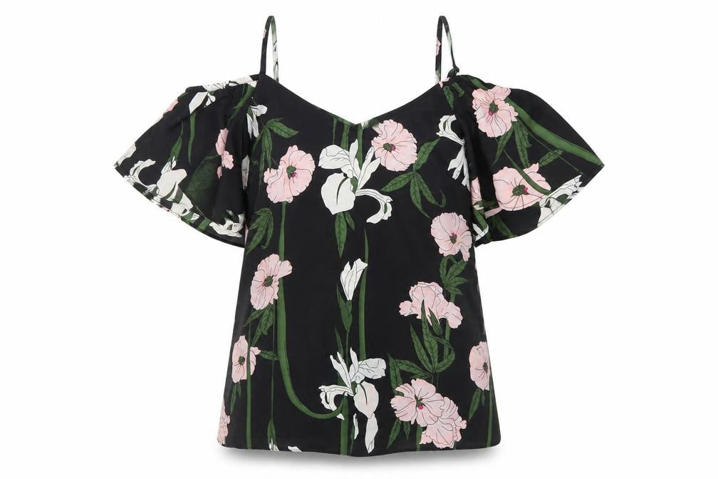 Front view of Warehouse women’s black floral chiffon basic blouse, size UK 8