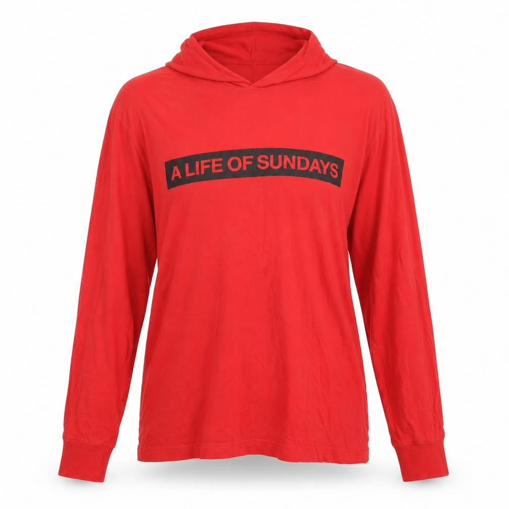 Front view of H&M women’s red jersey pullover hoodie, size M, - a life of sundays