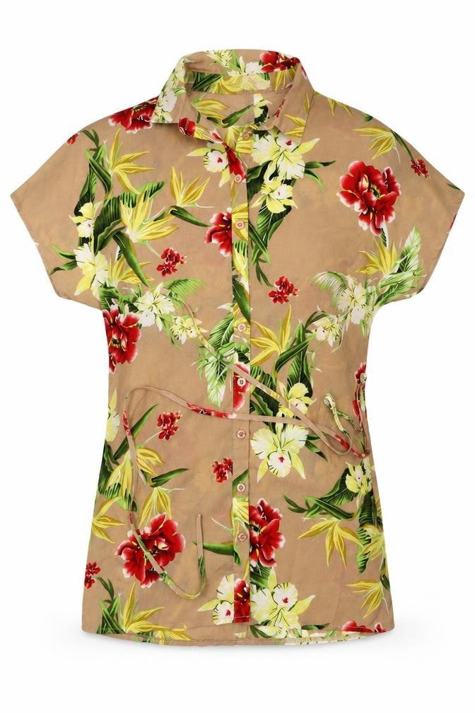 Front view of Miss Guided women’s beige floral basic t-shirt, size UK 6